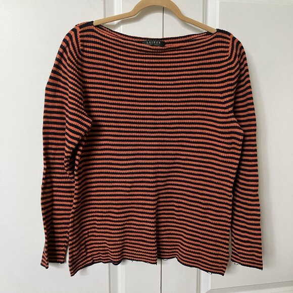 Y2K Lauren Ralph Lauren Sweater Womens XL Orange Black Stripe Boat Neck Fall - Picture 1 of 8
